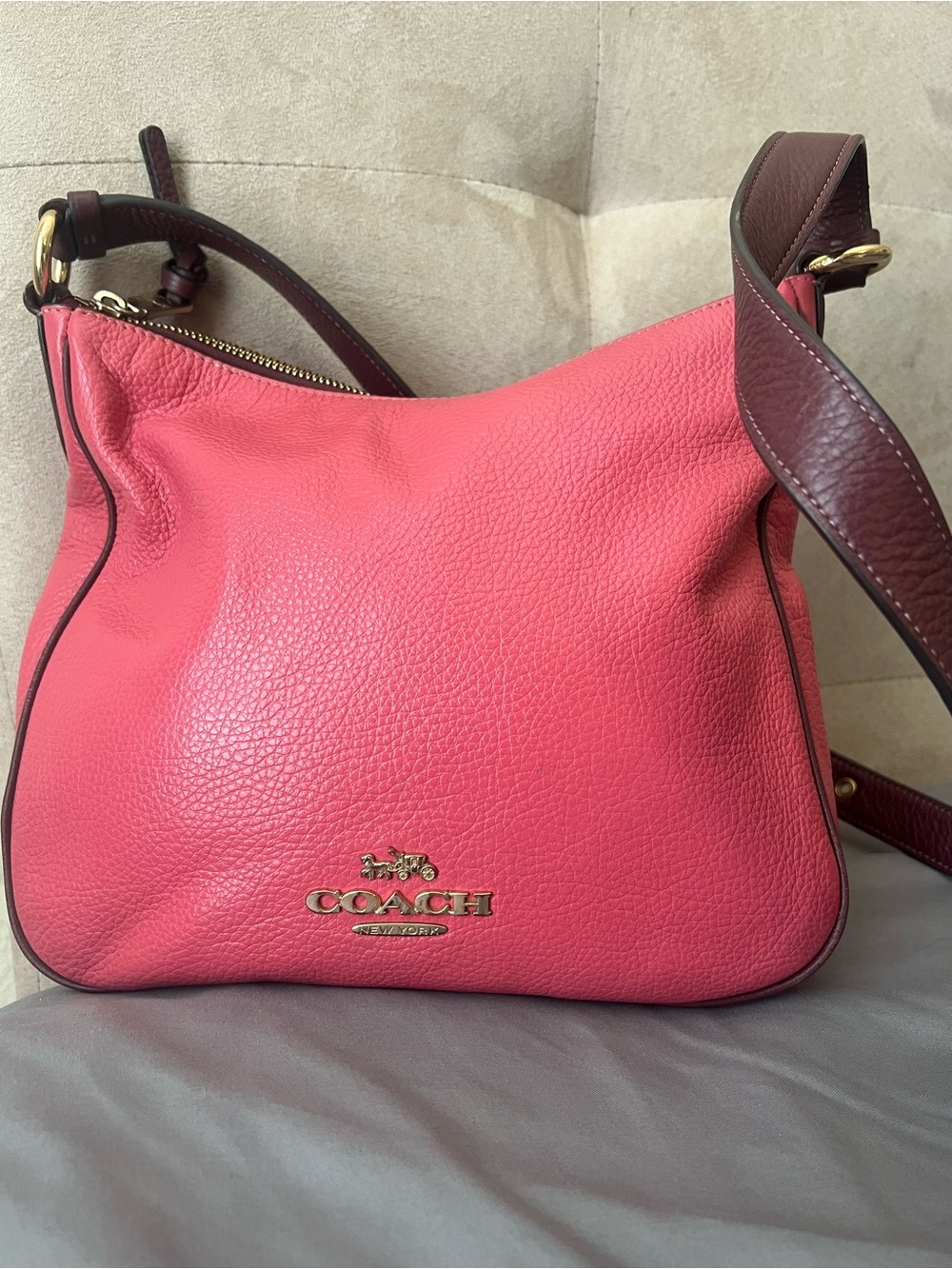 Coach Pebbled Leather Shoulder Bag in Coral with Burgundy Strap